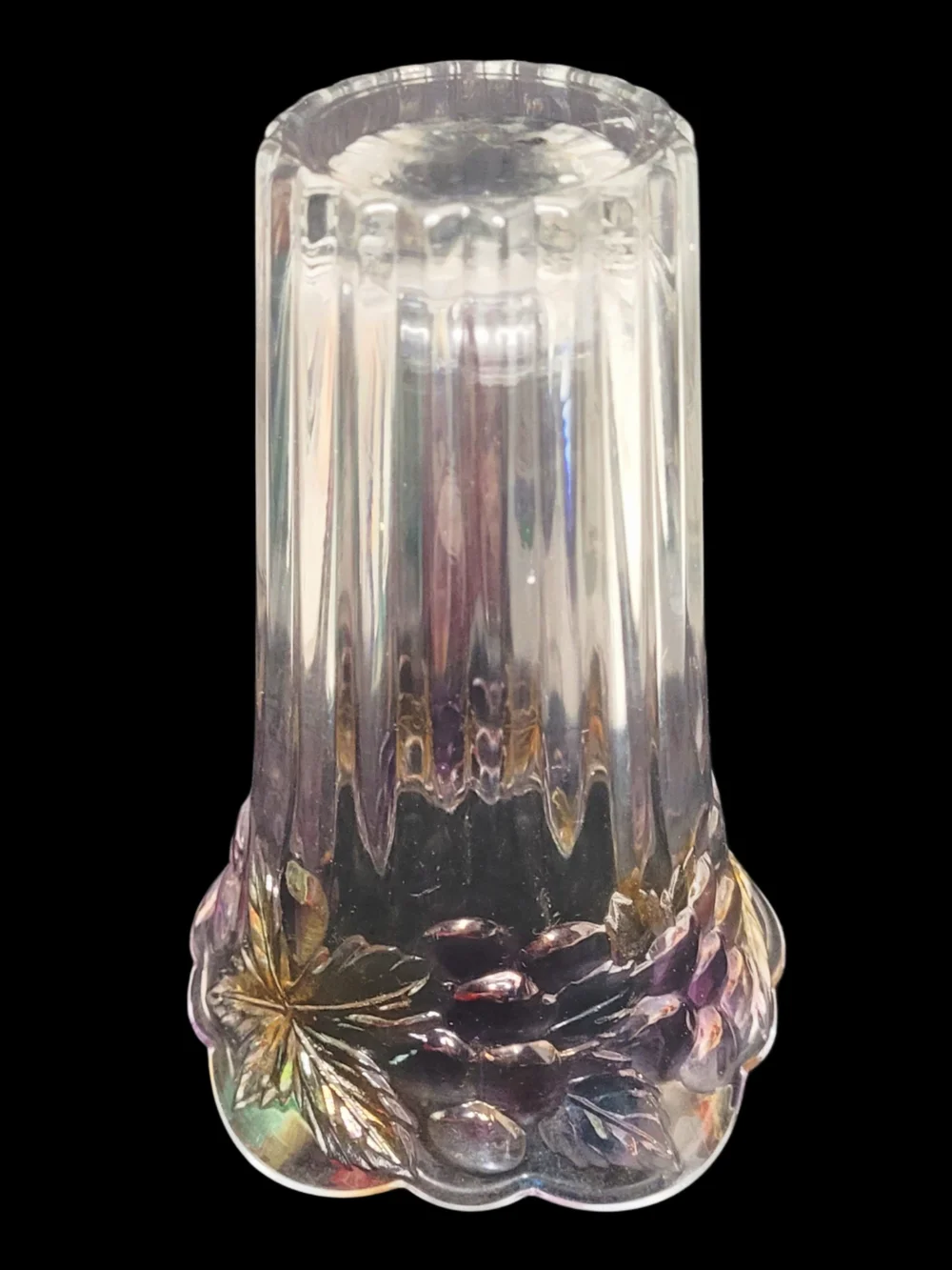 Vintage Crystal Scalloped Rim Vase with Purple and Gold Grape Vine Accents - Picture 4 of 7